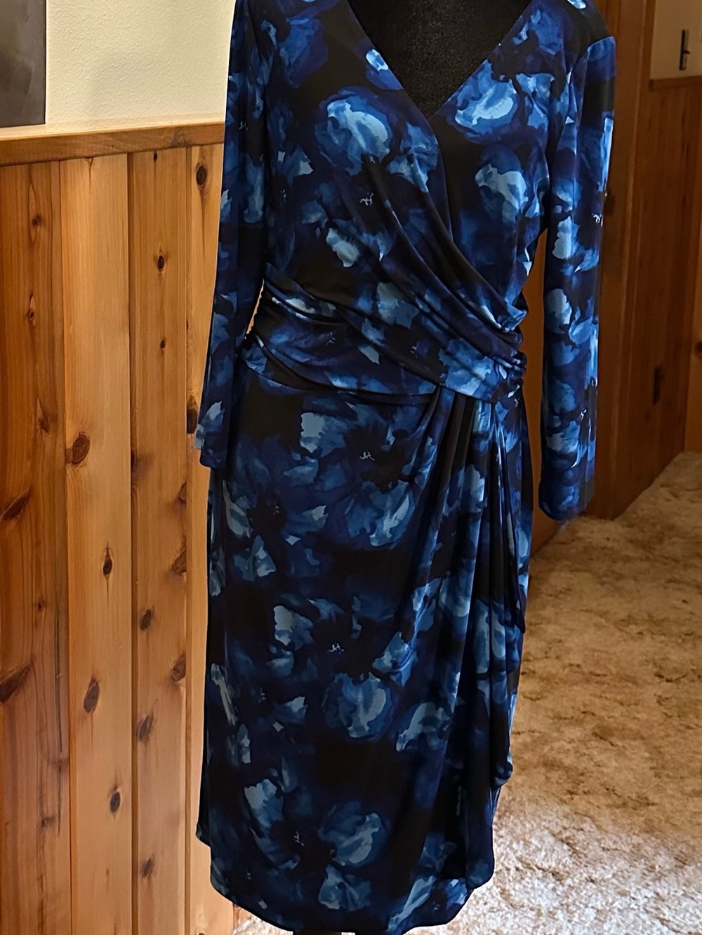 Chaps Black and Blue Floral Faux-Wrap Midi Dress